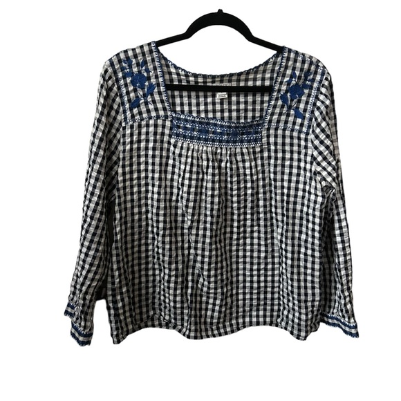 J. Crew Factory Navy & White Gingham With Cobalt Embroidery Square Neck Size L. - Picture 2 of 8